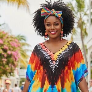 Roper Romp Rainbow Feather Print V-Neck Flowing Kaftan Maxi Dress